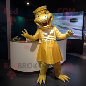 Gold Crocodile mascot costume character dressed with a Skirt and Gloves