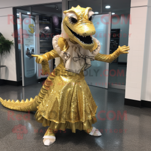 Gold Crocodile mascot costume character dressed with a Skirt and Gloves