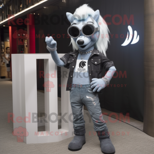 Silver Mare mascot costume character dressed with a Skinny Jeans and Sunglasses