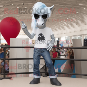 Silver Mare mascot costume character dressed with a Skinny Jeans and Sunglasses