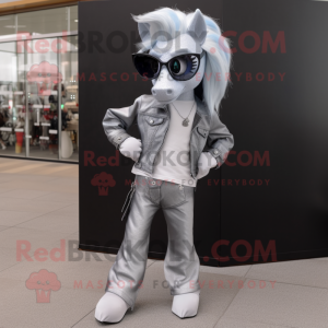 Silver Mare mascot costume character dressed with a Skinny Jeans and Sunglasses