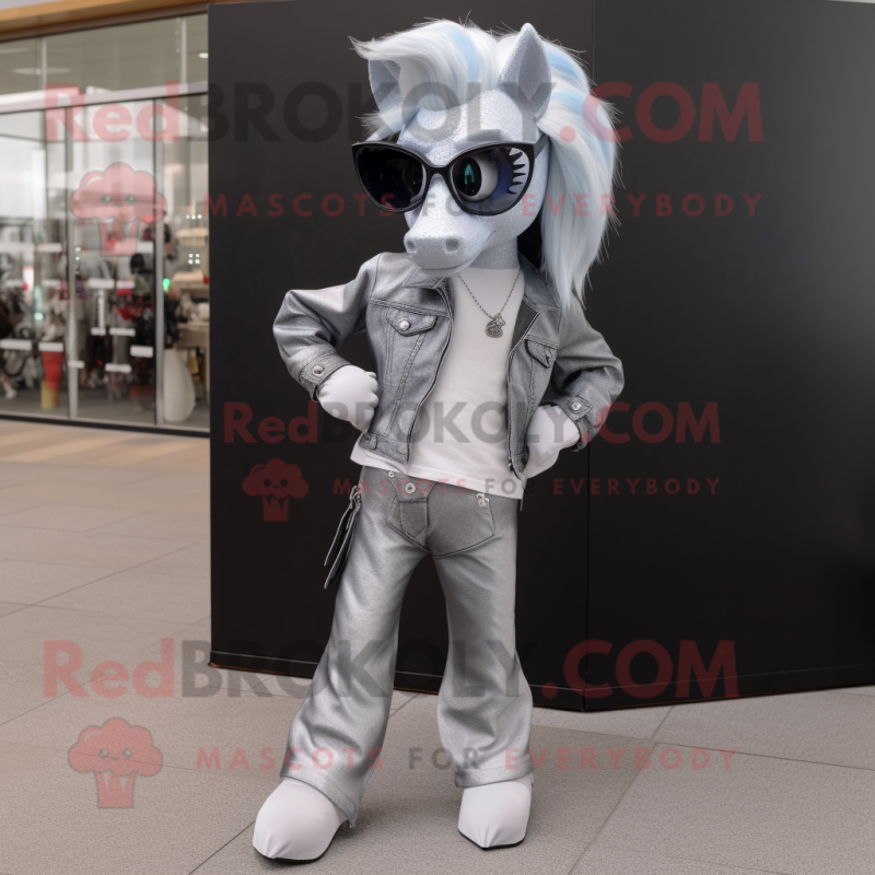 Silver Mare mascot costume character dressed with a Skinny Jeans and Sunglasses Silver Mare mascot costume character dressed with a Skinny Jeans and Sunglasses