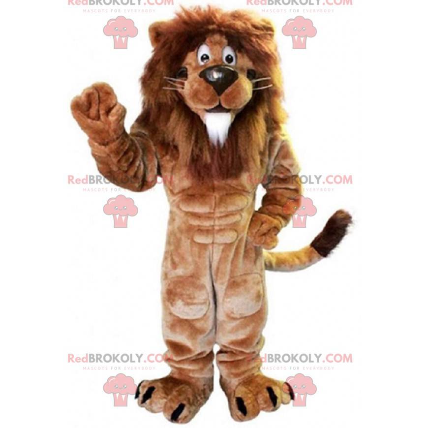 Mascota león musculoso marrón con una gran melena -