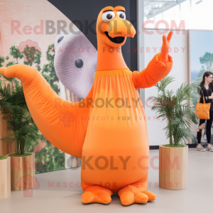 Orange Brachiosaurus mascot costume character dressed with a Maxi Dress and Mittens