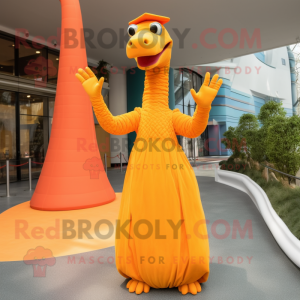 Orange Brachiosaurus mascot costume character dressed with a Maxi Dress and Mittens