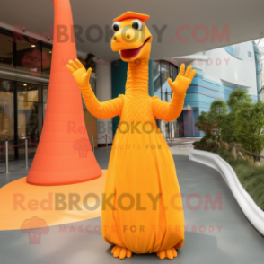 Orange Brachiosaurus mascot costume character dressed with a Maxi Dress and Mittens