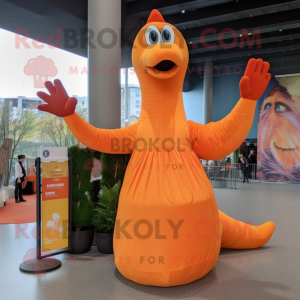 Orange Brachiosaurus mascot costume character dressed with a Maxi Dress and Mittens