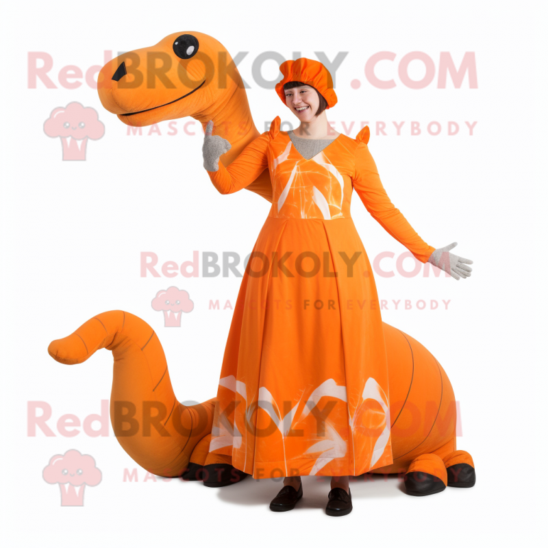 Orange Brachiosaurus mascot costume character dressed with a Maxi Dress and Mittens