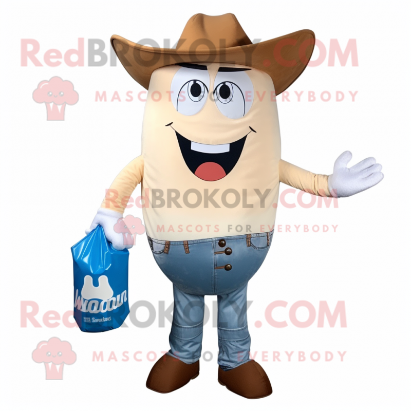 Rust Bottle Of Milk mascot costume character dressed with a Flare Jeans and Tote bags