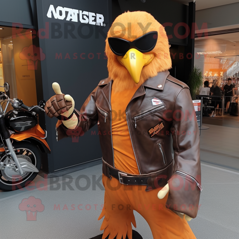 Orange Bald Eagle mascot costume character dressed with a Biker Jacket and Cufflinks Orange Bald Eagle mascot costume character dressed with a Biker Jacket and Cufflinks