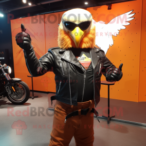 Orange Bald Eagle mascot costume character dressed with a Biker Jacket and Cufflinks