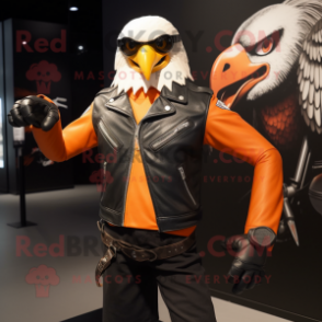 Orange Bald Eagle mascot costume character dressed with a Biker Jacket and Cufflinks