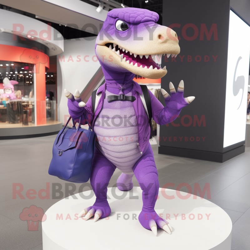 Purple Tyrannosaurus mascot costume character dressed with a Leggings and Handbags