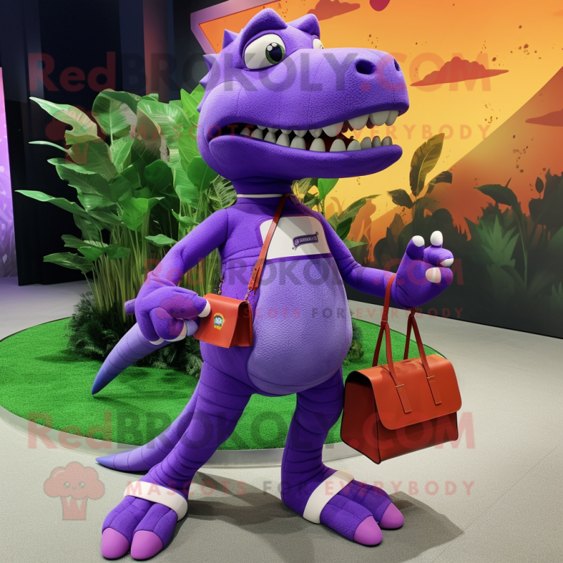 Purple Tyrannosaurus mascot costume character dressed with a Leggings and Handbags