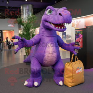 Purple Tyrannosaurus mascot costume character dressed with a Leggings and Handbags