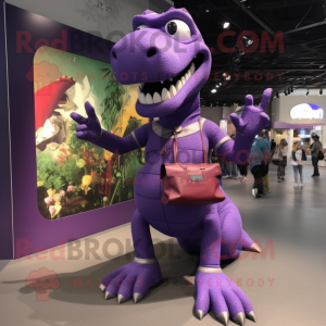 Purple Tyrannosaurus mascot costume character dressed with a Leggings and Handbags