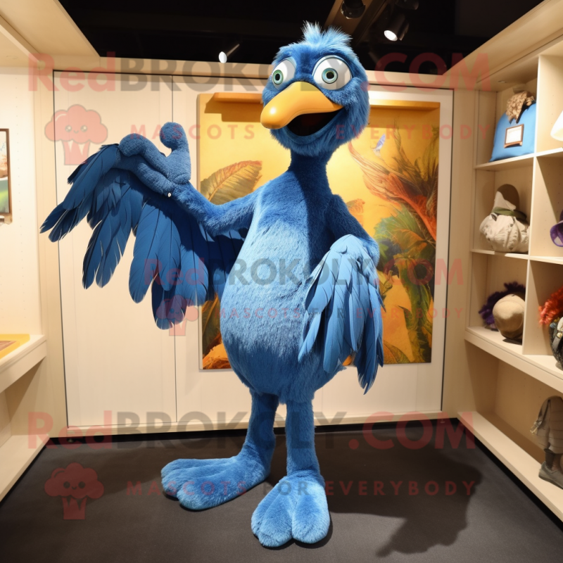 Blue Archeopteryx mascot costume character dressed with a Bootcut Jeans and Clutch bags Blue Archeopteryx mascot costume character dressed with a Bootcut Jeans and Clutch bags
