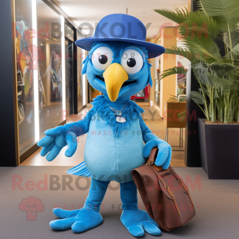 Blue Archeopteryx mascot costume character dressed with a Bootcut Jeans and Clutch bags