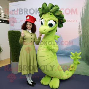 Olive Seahorse mascot costume character dressed with a Culottes and Hairpins