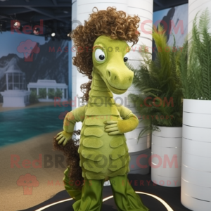 Olive Seahorse mascot costume character dressed with a Culottes and Hairpins