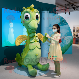 Olive Seahorse mascot costume character dressed with a Culottes and Hairpins