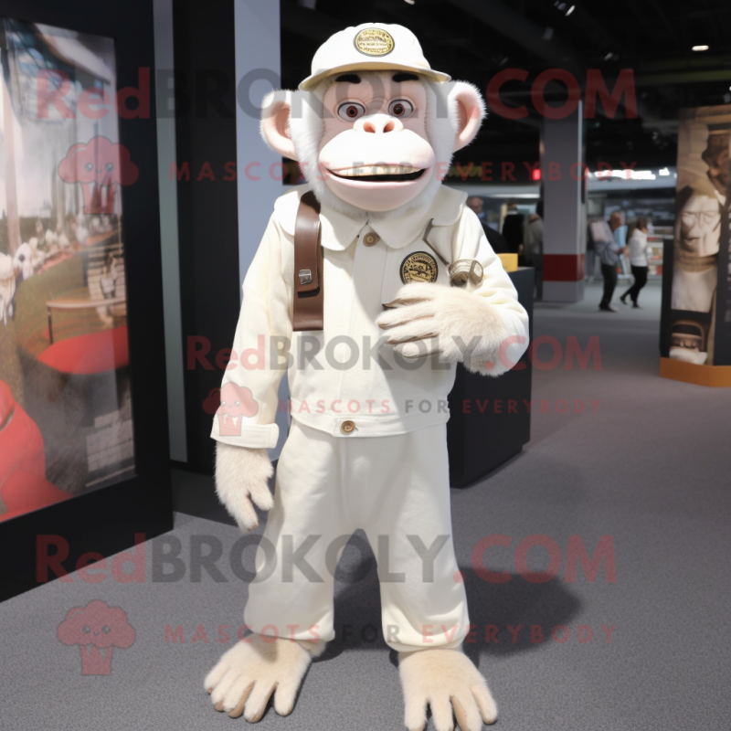 White Chimpanzee mascot costume character dressed with a Corduroy Pants and Lapel pins