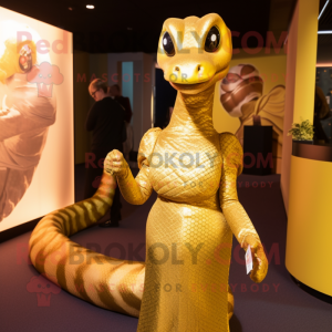 Gold Python mascot costume character dressed with a Shift Dress and Hairpins