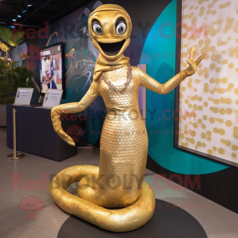 Gold Python mascot costume character dressed with a Shift Dress and Hairpins