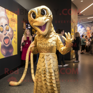 Gold Python mascot costume character dressed with a Shift Dress and Hairpins