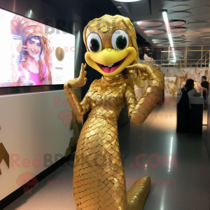 Gold Python mascot costume character dressed with a Shift Dress and Hairpins