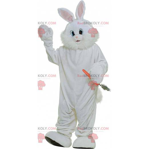 Reus en harig wit konijn mascotte, groot konijnenkostuum -