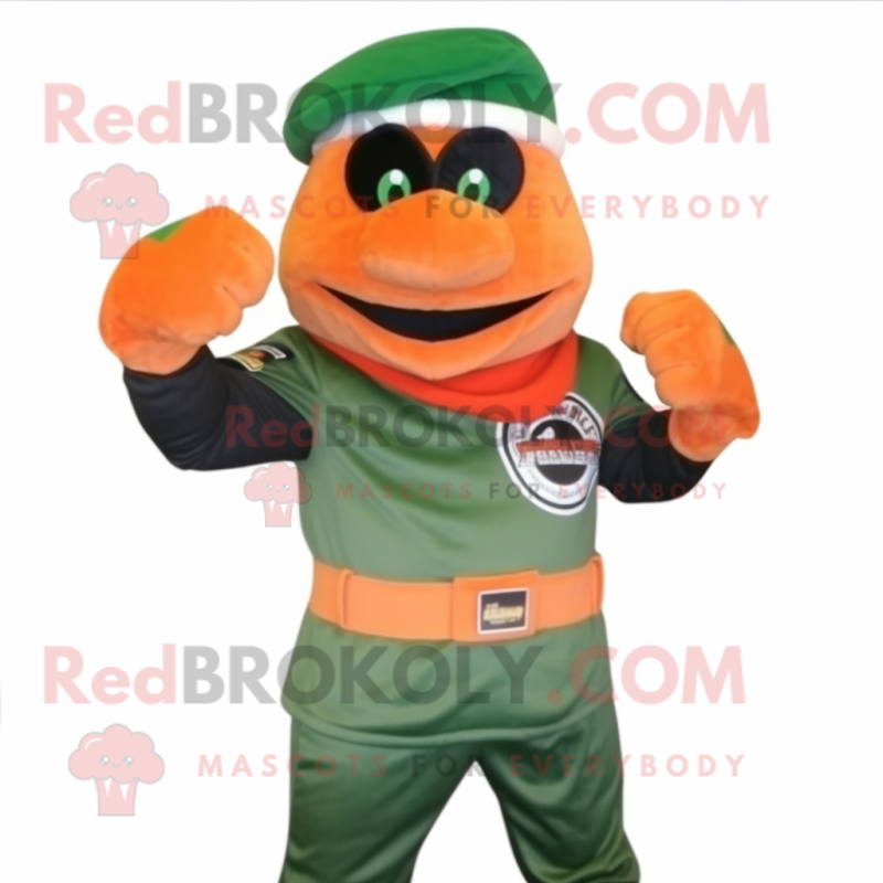 Orange Green Beret mascot costume character dressed with a Sweatshirt and Gloves