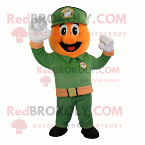 Orange Green Beret mascot costume character dressed with a Sweatshirt and Gloves