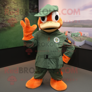Orange Green Beret mascot costume character dressed with a Sweatshirt and Gloves