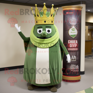 Olive King mascot costume character dressed with a Empire Waist Dress and Hat pins