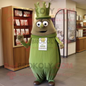 Olive King mascot costume character dressed with a Empire Waist Dress and Hat pins