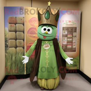 Olive King mascot costume character dressed with a Empire Waist Dress and Hat pins