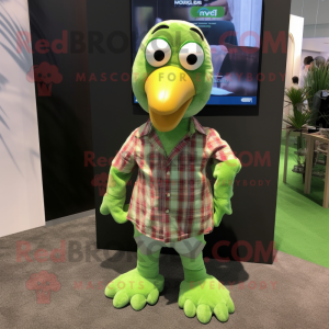 Lime Green Dodo Bird mascot costume character dressed with a Flannel Shirt and Pocket squares