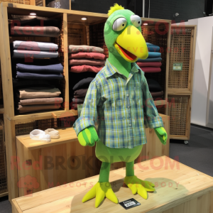 Lime Green Dodo Bird mascot costume character dressed with a Flannel Shirt and Pocket squares