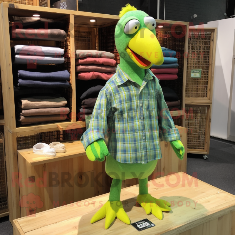 Lime Green Dodo Bird mascot costume character dressed with a Flannel Shirt and Pocket squares