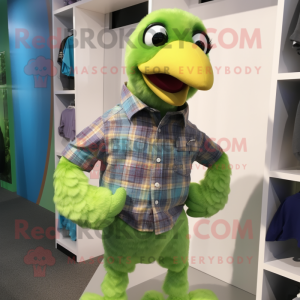 Lime Green Dodo Bird mascot costume character dressed with a Flannel Shirt and Pocket squares