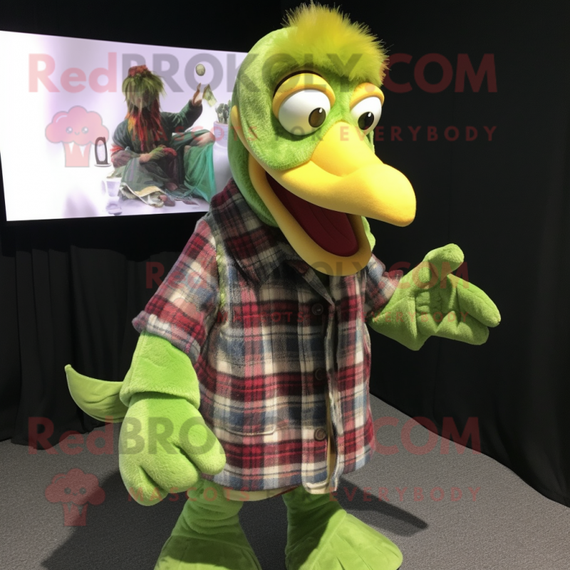 Lime Green Dodo Bird mascot costume character dressed with a Flannel Shirt and Pocket squares