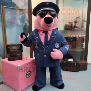 Pink Navy Seal mascot costume character dressed with a Suit Jacket and Wallets