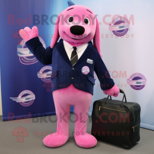 Pink Navy Seal mascot costume character dressed with a Suit Jacket and Wallets