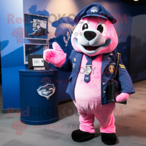 Pink Navy Seal mascot costume character dressed with a Suit Jacket and Wallets