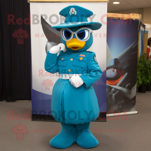 Teal Air Force Soldier mascot costume character dressed with a A-Line Skirt and Cummerbunds