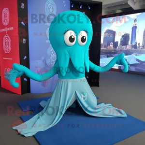 Cyan Kraken mascot costume character dressed with a Yoga Pants and Pocket squares