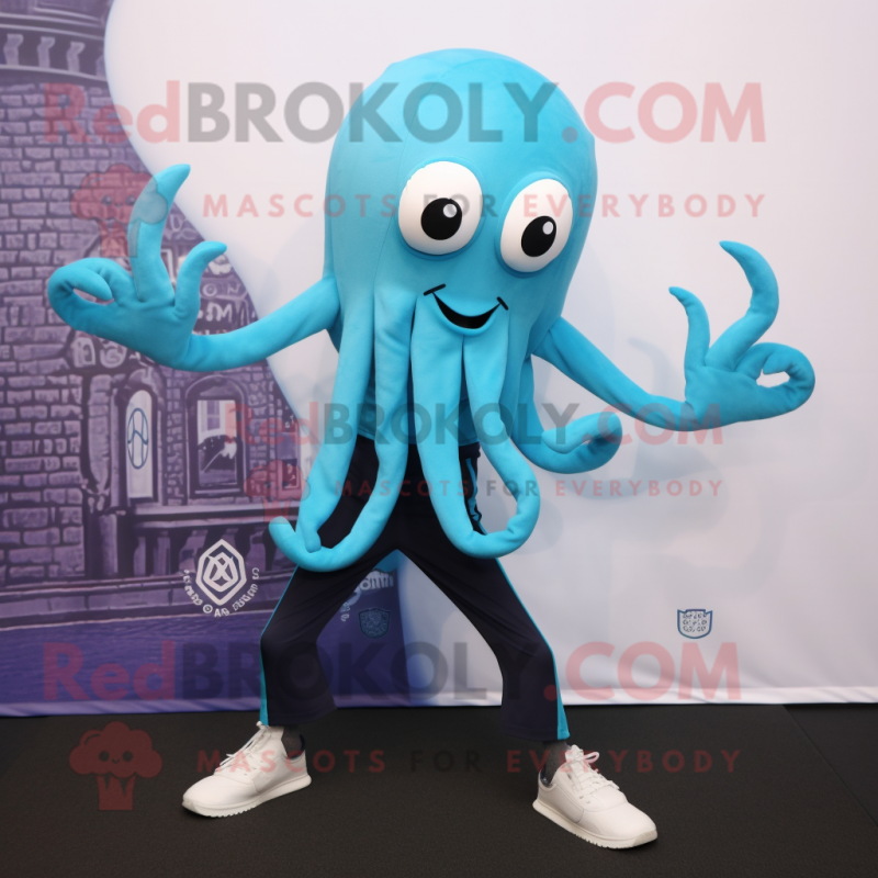 Cyan Kraken mascot costume character dressed with a Yoga Pants and Pocket squares Cyan Kraken mascot costume character dressed with a Yoga Pants and Pocket squares