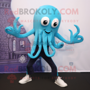 Cyan Kraken mascot costume character dressed with a Yoga Pants and Pocket squares