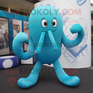 Cyan Kraken mascot costume character dressed with a Yoga Pants and Pocket squares